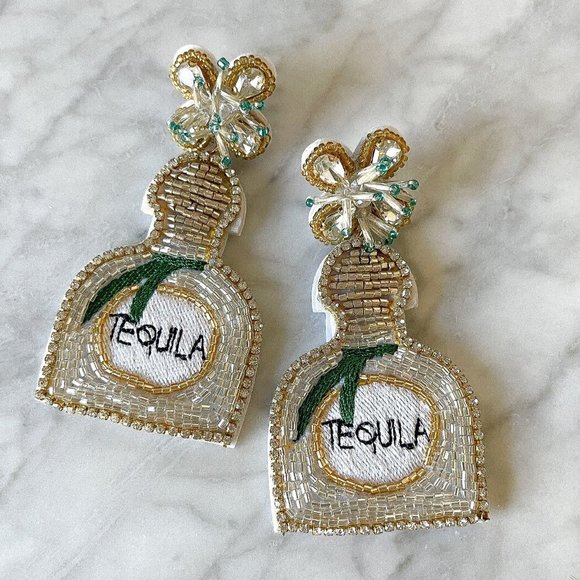 Seed Bead Tequila Earring, Bottle Earring, Beach Earrings, Vacation Earrings - Picture 1 of 5